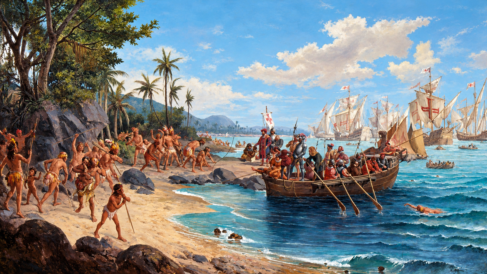 Pintura do desembarque de Pedro Álvares Cabral em Porto Seguro, em 1500: caravelas ao fundo, um batel chegando à praia e indígenas na areia